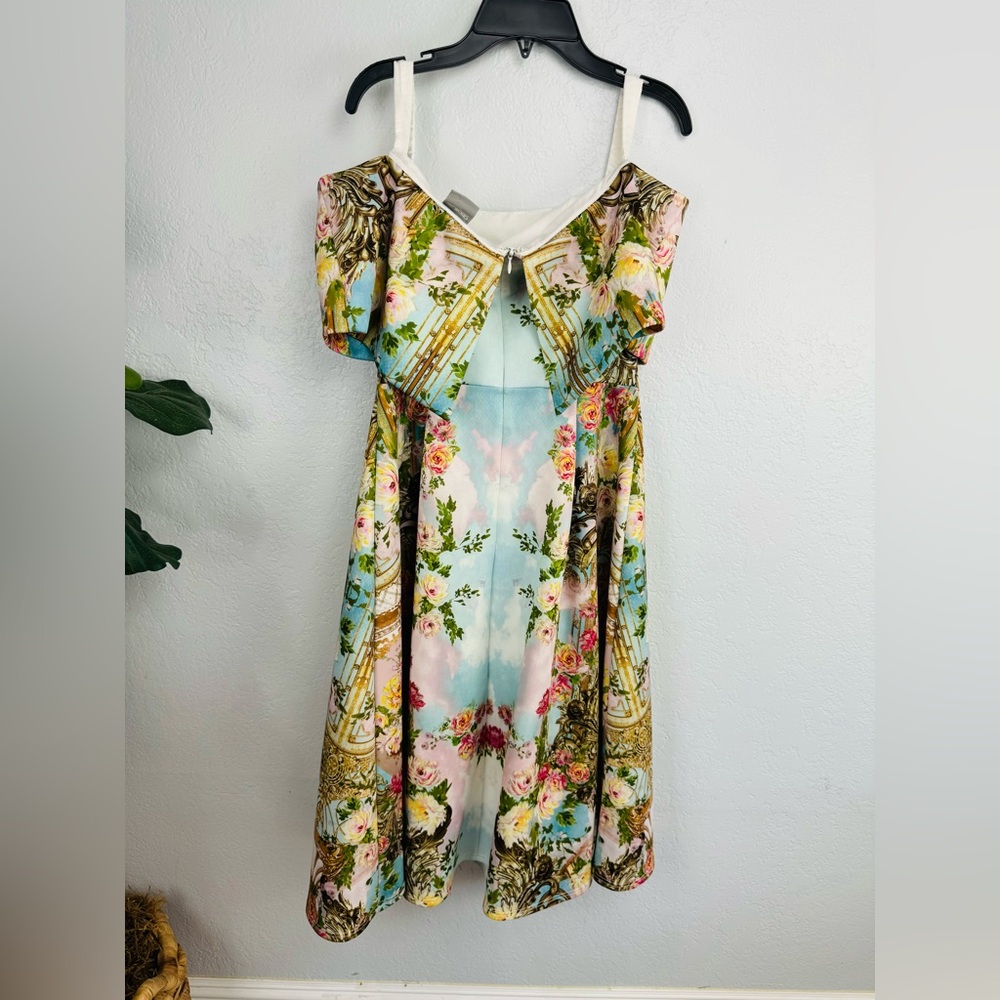 ASOS Gold Pastels Baroque Garden Pleated Off Shoulder Barot Dress - Picture 7 of 8